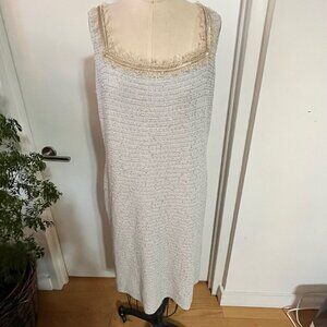 ST. JOHN  Santana Knit Blue and White Sheath Dress with Gold Sequined and Chain